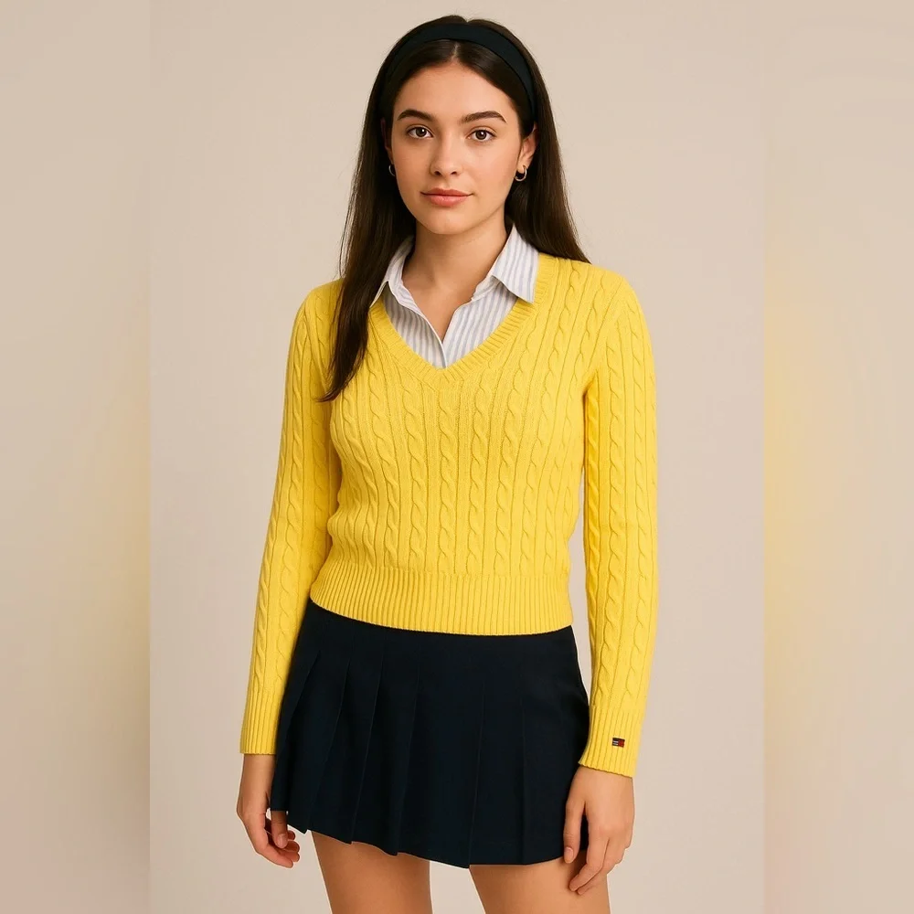 Vintage Tommy Hilfiger Cable Knit V Neck Sweater Yellow Cotton Preppy‎ Size LG
